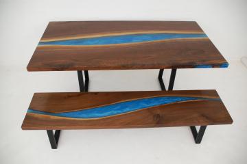 Blue Epoxy & Matching Dining Table & Bench