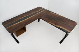 L Shaped Walnut River Desk With Adjustable Height Funct