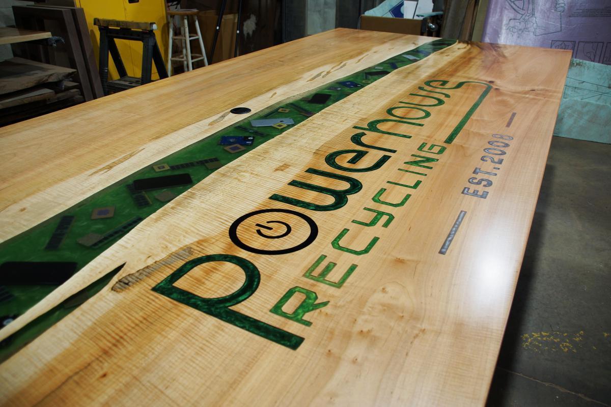 Image Large Conference River Table With CNC Logo & Embedded Electronics - Custom Wood Furniture