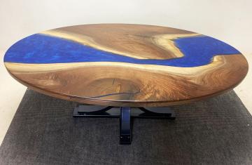 Oval Walnut Dining Table With Blue Steel Base