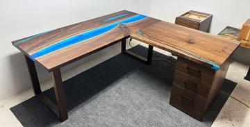 L-Shaped Walnut Desk With Custom Base