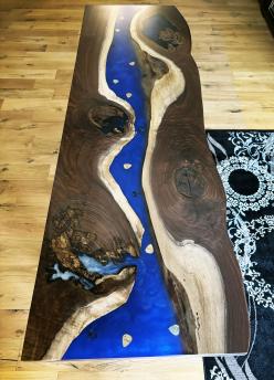 Walnut Bar Table With Deep Blue Epoxy Resin & Embedded 