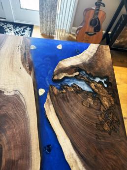 Walnut Bar Table With Deep Blue Epoxy Resin & Embedded 