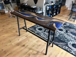 Walnut Bar Table With Deep Blue Epoxy Resin & Embedded 