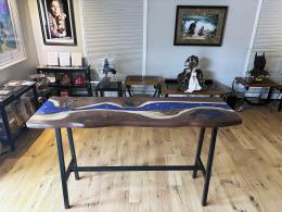 Walnut Bar Table With Deep Blue Epoxy Resin & Embedded 