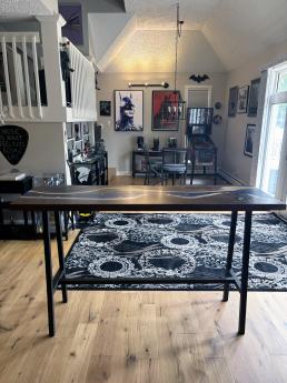 Walnut Bar Table With Deep Blue Epoxy Resin & Embedded 