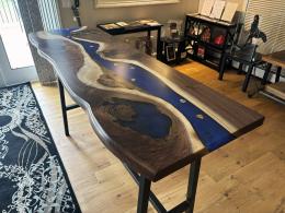 Walnut Bar Table With Deep Blue Epoxy Resin & Embedded 