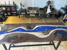 Walnut Bar Table With Deep Blue Epoxy Resin & Embedded 