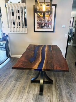 Walnut Kitchen Table With Deep Blue Epoxy Resin 1