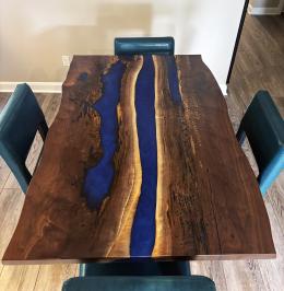 Walnut Kitchen Table With Deep Blue Epoxy Resin 4