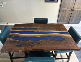 Walnut Kitchen Table With Deep Blue Epoxy Resin 7