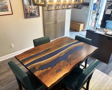 Walnut Kitchen Table With Deep Blue Epoxy Resin
